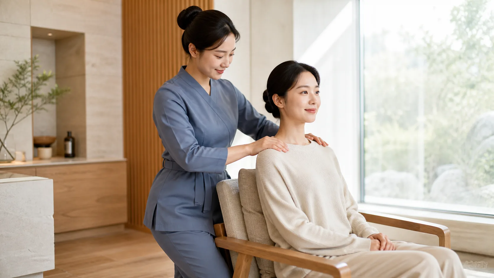 20대 한국인 성인 여성 마사지사가 옷 위로 20대 한국인 성인 여성 고객의 어깨를 관리하는 장면