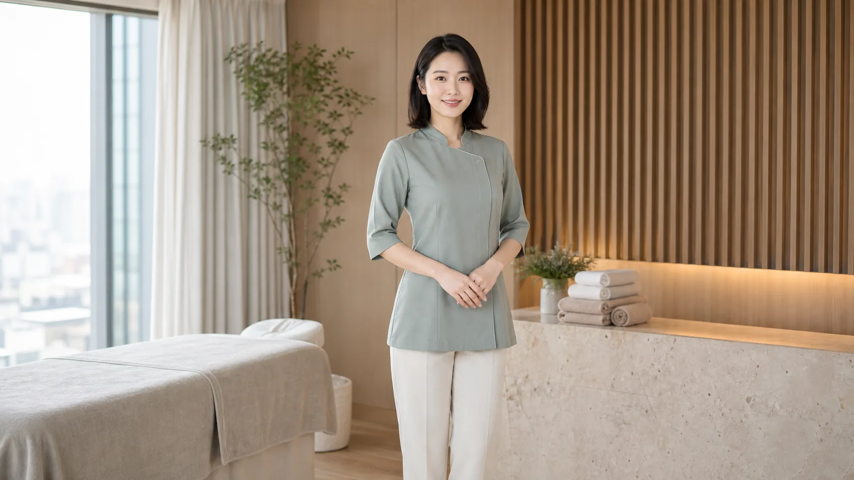 단정한 전문 유니폼을 입은 20대 한국인 성인 여성 마사지사